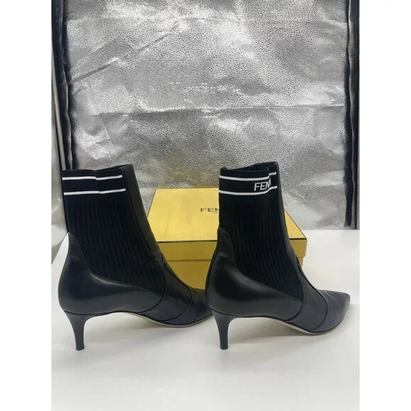Fendi Rockoko Black Leather Boots Stretch FF Logo Sock Ankle Kitten Heel EU 40 - Picture 6 of 7